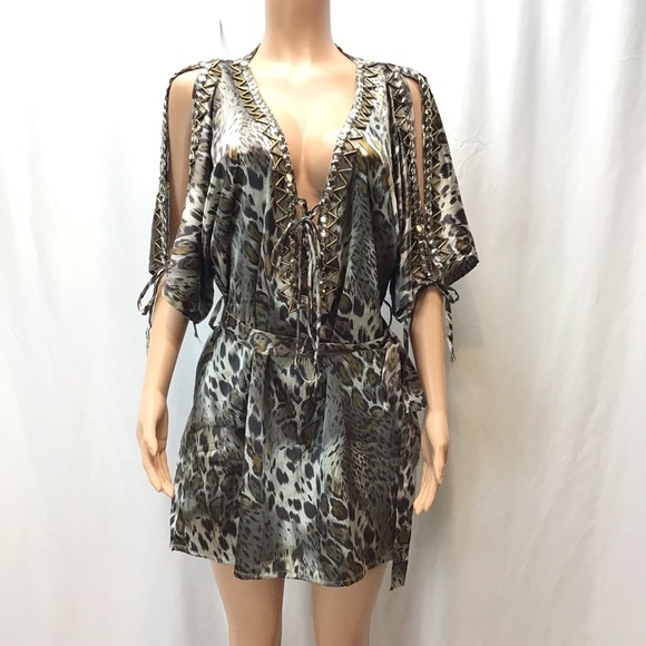 Varga Womens Sexy Satin Animal Print Tie Waist Sleep Shirt Size Large - Picture 6 of 8